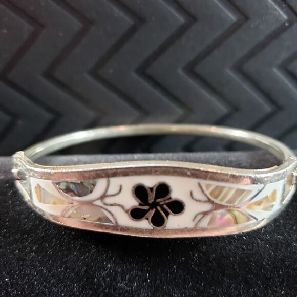 Native Mosaic Abalone Shell Floral Bracelet Mexico Vintage Bohemian Jewelry - Picture 3 of 8